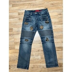 VICTORIOUS High-end Men's Stretch Jeans W/ Military Patches 34 x 30